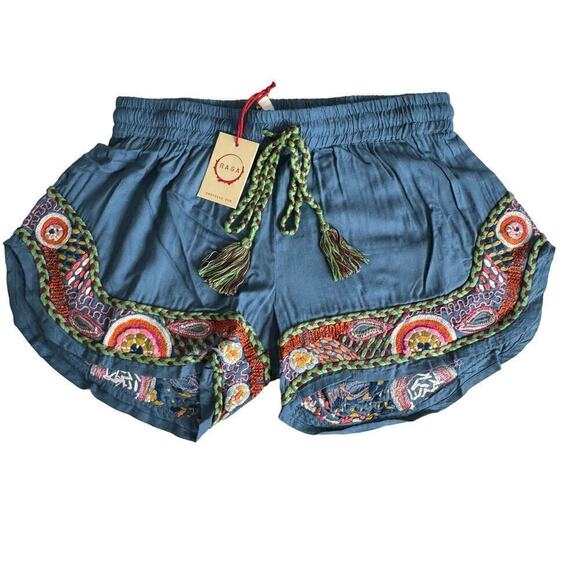 Raga Anthropologie Shorts Embroidered‎ Pull On Blue Boho Size S NEW - Picture 2 of 11